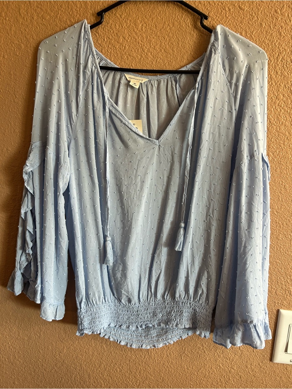 Aeropostale Light Blue Swiss-Dot Peasant Top with Tassel Ties